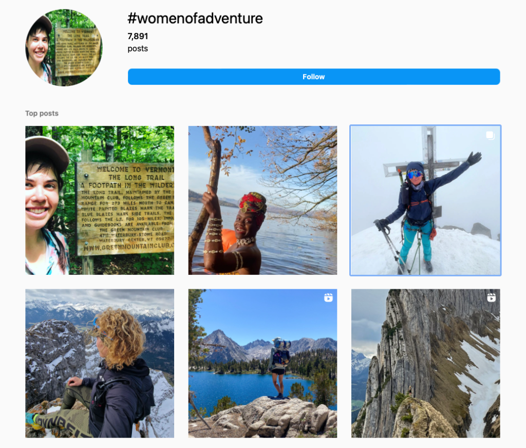 Screenshot showing a collection of posts using the hashtag Women of Adventure
